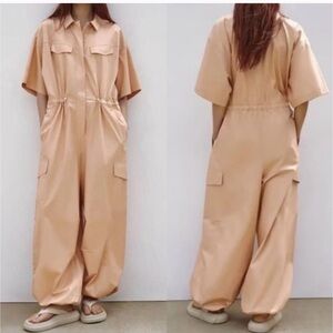 Zara‎ Utility Jumpsuit Cargo Snap Front Gabardine Cotton Peach Size Small